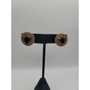 Vintage Gold Tone Rope Mesh Twist Clip On Earrings Smoky Brown Glass Center